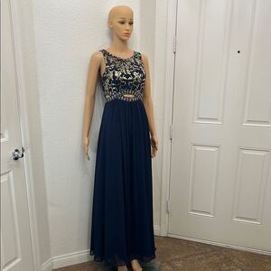 Bee Darlin Gown Size 1-2 Gold Blue Beaded Sequined Sleeveless Scoop Neck Maxi